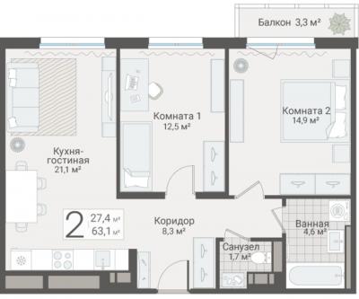 2-к квартира, Руднева ул., строение 1, 15 за 18 650 тыс.р.