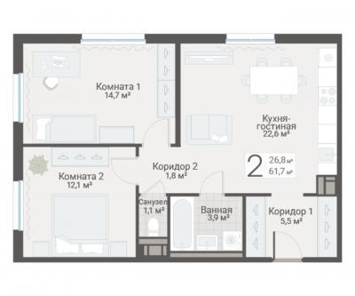 2-к квартира, Руднева ул., строение 1, 15 за 17 850 тыс.р.