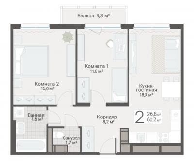 2-к квартира, Руднева ул., строение 1, 15 за 18 000 тыс.р.