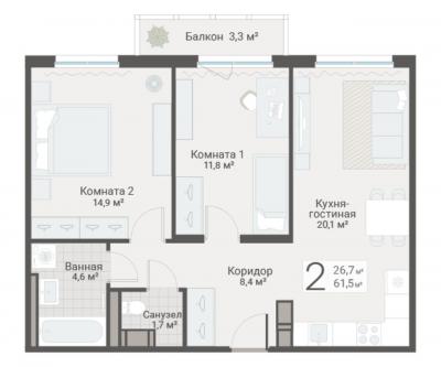 2-к квартира, Руднева ул., строение 1, 15 за 18 150 тыс.р.