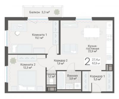 2-к квартира, Руднева ул., строение 1, 15 за 18 450 тыс.р.