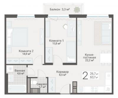 2-к квартира, Руднева ул., строение 1, 15 за 18 550 тыс.р.