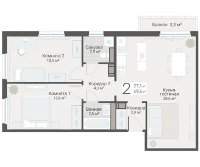 2-к квартира, Руднева ул., строение 1, 15 за 20 300 тыс.р.