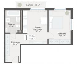 1-к квартира, Руднева ул., строение 1, 15 за 13 850 тыс.р.