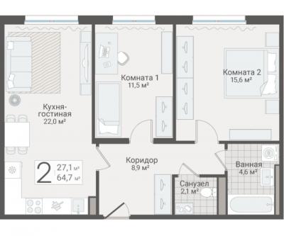 2-к квартира, Руднева ул., строение 1, 15 за 17 950 тыс.р.