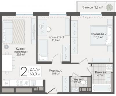2-к квартира, Руднева ул., строение 1, 15 за 18 350 тыс.р.