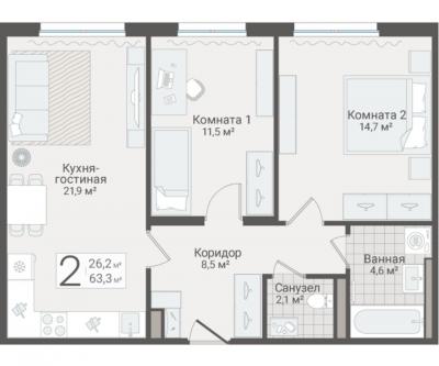 2-к квартира, Руднева ул., строение 1, 15 за 17 950 тыс.р.