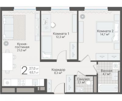 2-к квартира, Руднева ул., строение 1, 15 за 18 450 тыс.р.