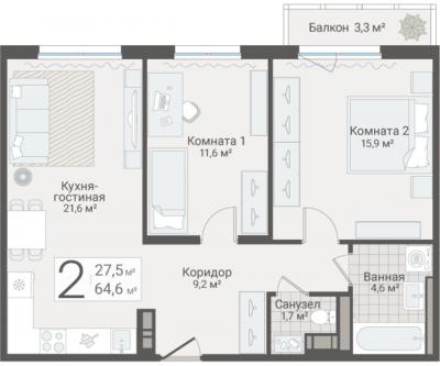 2-к квартира, Руднева ул., строение 1, 15 за 19 000 тыс.р.