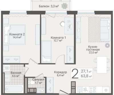 2-к квартира, Руднева ул., строение 1, 15 за 18 550 тыс.р.