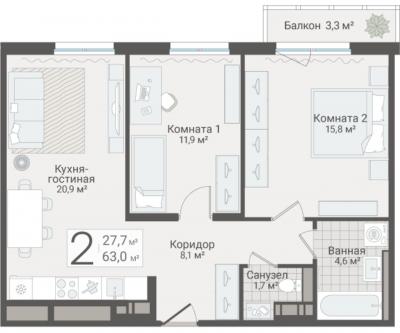 2-к квартира, Руднева ул., строение 1, 15 за 19 100 тыс.р.