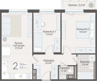 2-к квартира, Руднева ул., строение 1, 15 за 18 250 тыс.р.