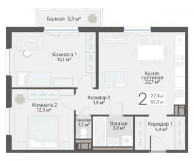 2-к квартира, Руднева ул., строение 1, 15 за 18 850 тыс.р.