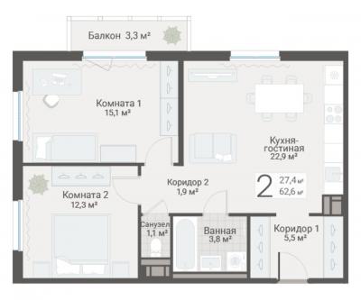 2-к квартира, Руднева ул., строение 1, 15 за 18 350 тыс.р.
