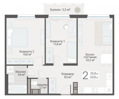 2-к квартира, Руднева ул., строение 1, 15 за 19 150 тыс. руб.