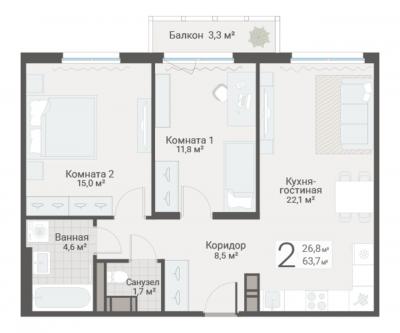 2-к квартира, Руднева ул., строение 1, 15 за 18 550 тыс.р.
