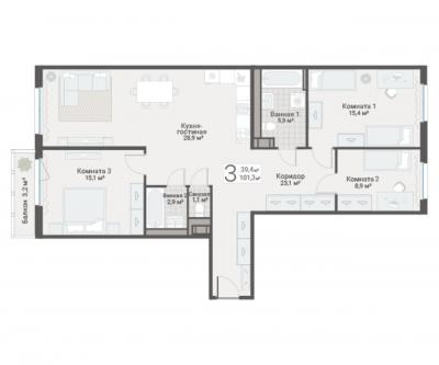 3-к квартира, Руднева ул., строение 1, 15 за 24 200 тыс.р.