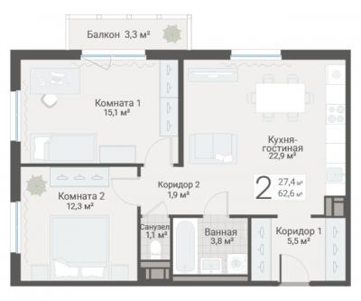 2-к квартира, Руднева ул., строение 1, 15 за 18 550 тыс.р.
