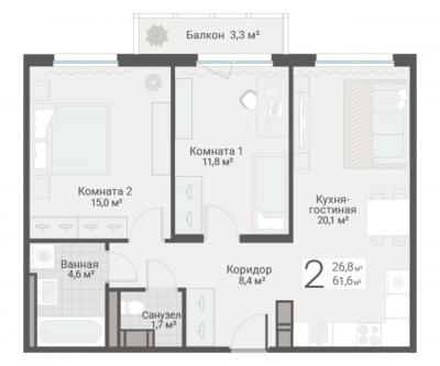 2-к квартира, Руднева ул., строение 1, 15 за 18 250 тыс.р.