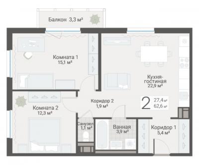2-к квартира, Руднева ул., строение 1, 15 за 19 200 тыс. руб.