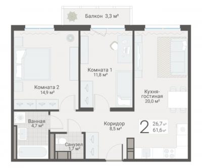 2-к квартира, Руднева ул., строение 1, 15 за 18 350 тыс.р.