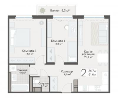 2-к квартира, Руднева ул., строение 1, 15 за 18 400 тыс.р.
