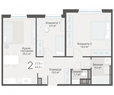 2-к квартира, Руднева ул., строение 1, 15 за 18 150 тыс.р.