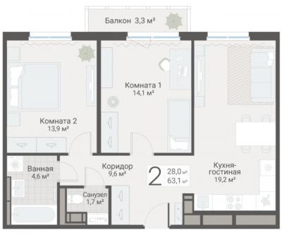 2-к квартира, Руднева ул., строение 1, 15 за 18 300 тыс.р.