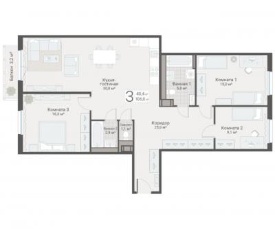 3-к квартира, Руднева ул., строение 1, 15 за 25 500 тыс.р.