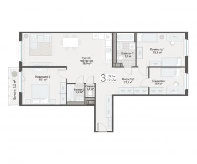 3-к квартира, Руднева ул., строение 1, 15 за 25 300 тыс. руб.