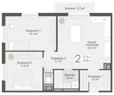 2-к квартира, Руднева ул., строение 1, 15 за 19 200 тыс.р.